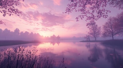 Fototapeta premium Misty Lake Sunset with Pink Blossoms