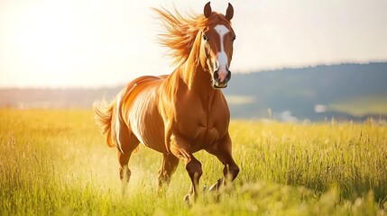 Fototapeta premium Chestnut horse running in a golden field at sunset.
