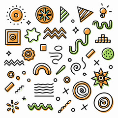 Fototapeta premium Collection of abstract shapes, lines, and patterns in orange and green.