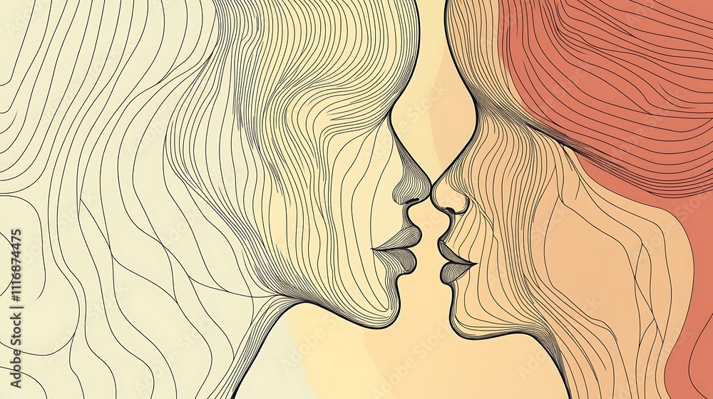 Poster two abstract faces almost touching, symbolizing connection and intimacy through line art.
