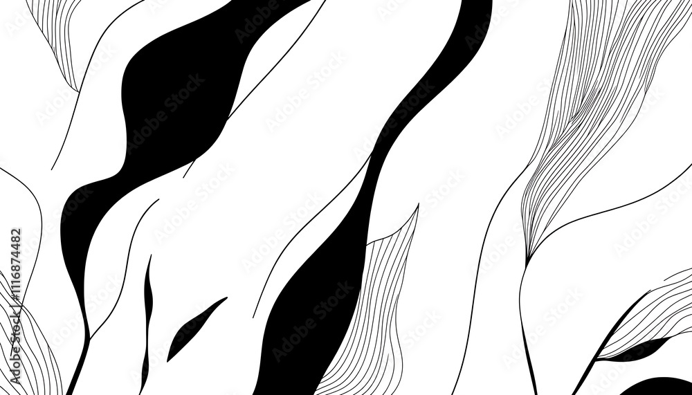 Poster abstract black and white design featuring flowing lines and shapes.