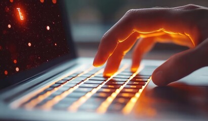 Close-up of Hand Above Laptop Keyboard with Soft Bokeh Background in Cinematic Lighting for E-Learning and Online Training Concept
