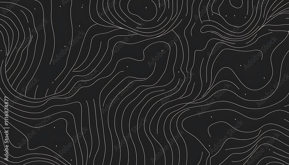 Poster a minimalist black background with white contour lines creating an abstract pattern.