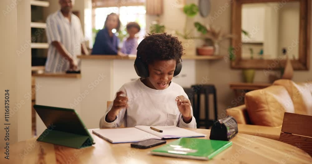 Aufkleber Homework, writing and confused with child and notebook for remote learning, education and problem solving. Study, headphones and knowledge with kid in family home for tablet, test solution or project