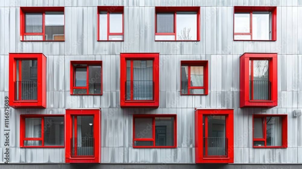 Poster Modern building facade with red windows of various sizes and shapes on a grey textured wall.