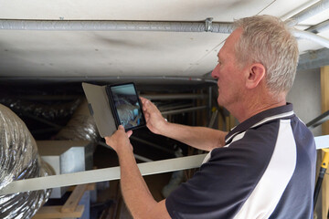 Home inspection under the house by Building Inspector using iPad