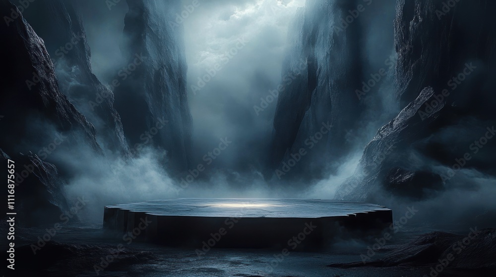Poster mysterious ethereal platform surrounded by dark mountains illuminated by soft light and mist