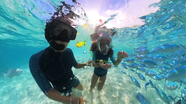 Family swimming with fish in Maldives
