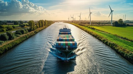 Obraz premium Container ship sailing through a canal lined with futuristic green energy wind turbines, eco-friendly trade concept 