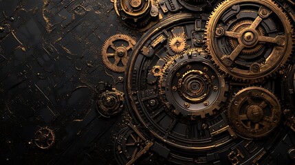 Intricate gold and black steampunk clockwork gears mechanism.