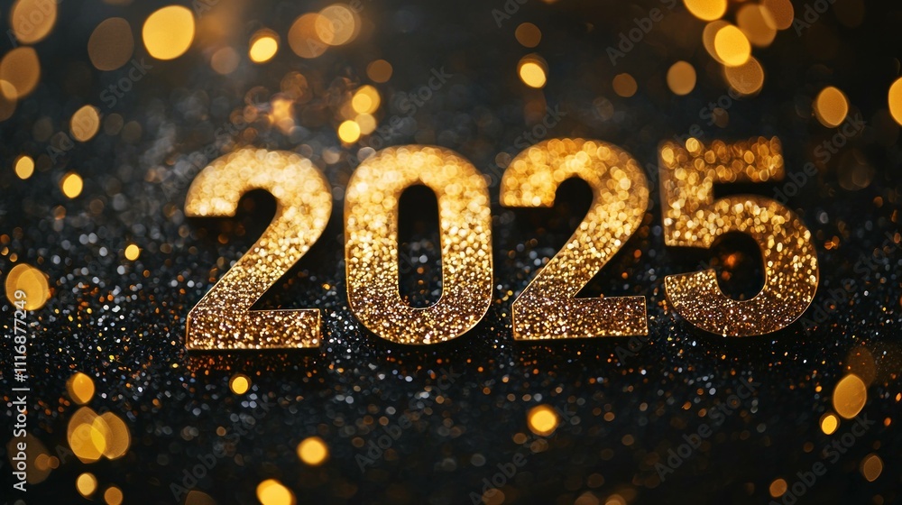Poster shimmering golden numbers 2025 on a dark background filled with sparkling bokeh lights, representing