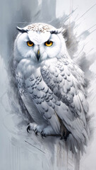 Fototapeta premium Abstract Expressionist Snow Owl with White Brushwork and Dynamic Painting Splatters in Artistic Style