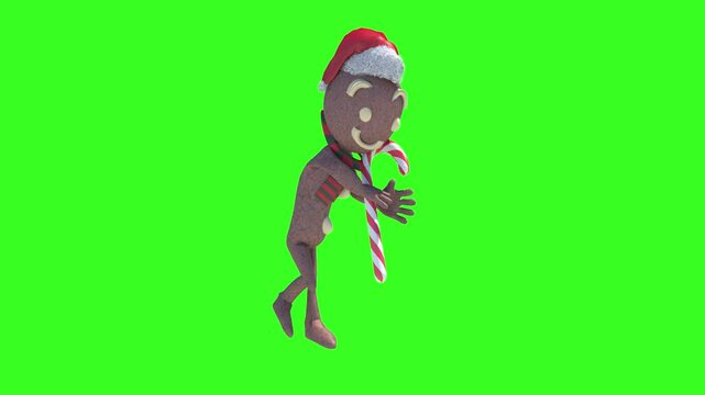 Ginger Bread Man dansing on green 3d render loop 