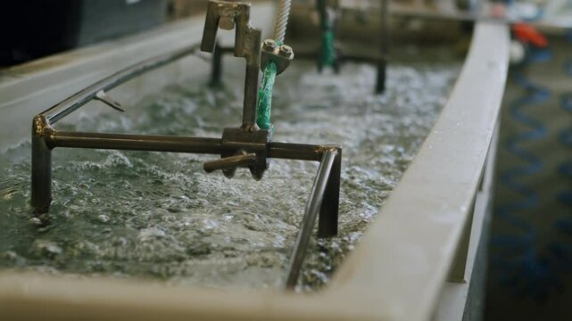 4K Industrial electroplating bath with bubbling solution, surface coating technology, metal finishing, heavy industry processes, chemical engineering, and manufacturing applications