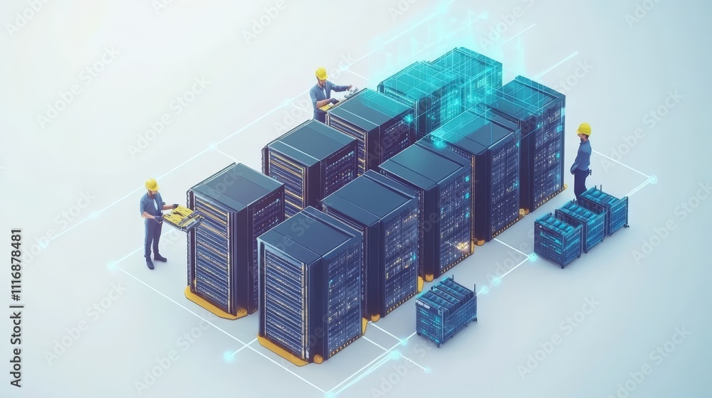 Poster data center technicians installing servers network infrastructure