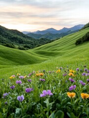Fototapeta premium Vibrant wildflowers in a scenic mountain landscape