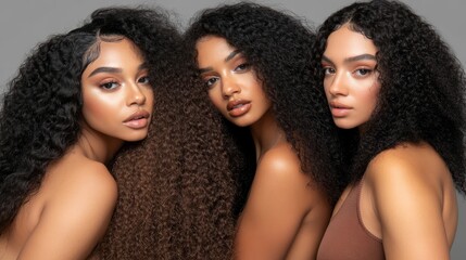 Obraz premium Three beautiful black women, all of whom have different hairstyles - curly, straight or wavy - are photographed in brown tights, the product of a wig company