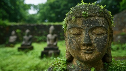 Fototapeta premium Serene buddhist statues in lush green forest