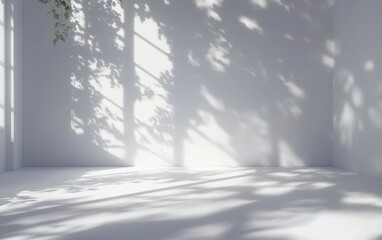 Minimalist White Room with Soft Shadows from a Window and Tree Leaves Natural Background