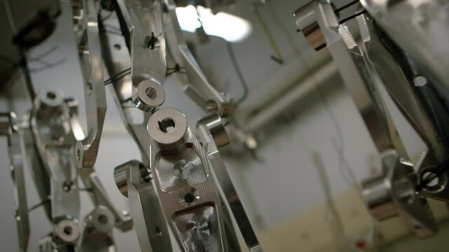 4K Close-up of electroplated metal components in a manufacturing process, industrial plating, surface treatment technology, engineering, heavy industry, and modern production methods