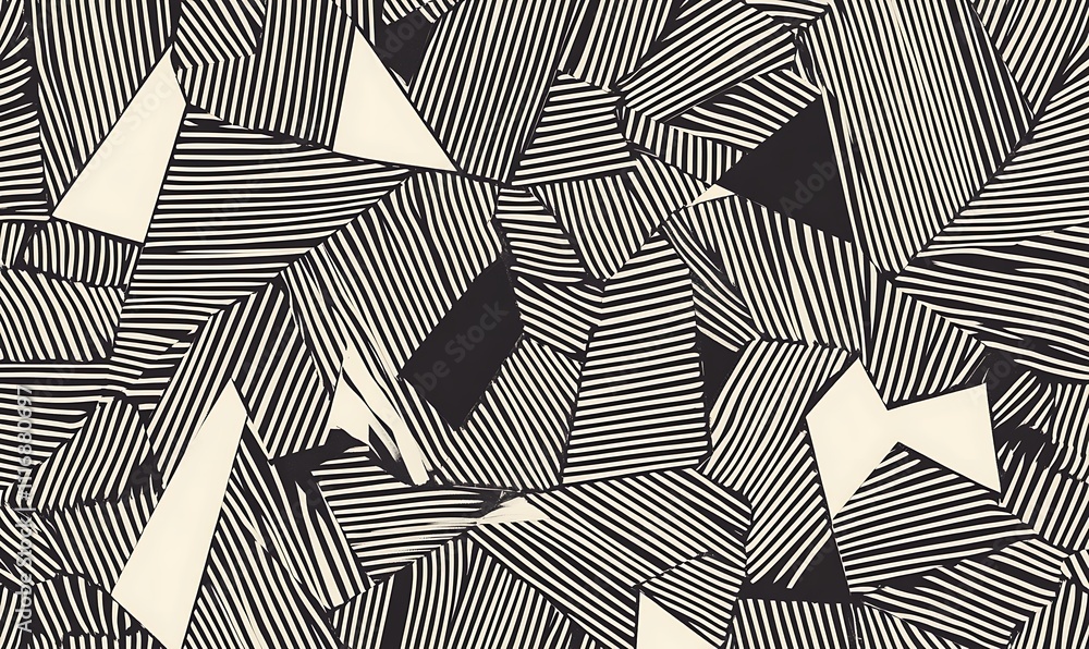 Poster abstract black and white geometric pattern with varying line directions and shapes.