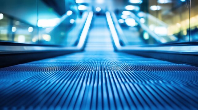 Blue, blurred background of the airport floor with an escalator in focus.
