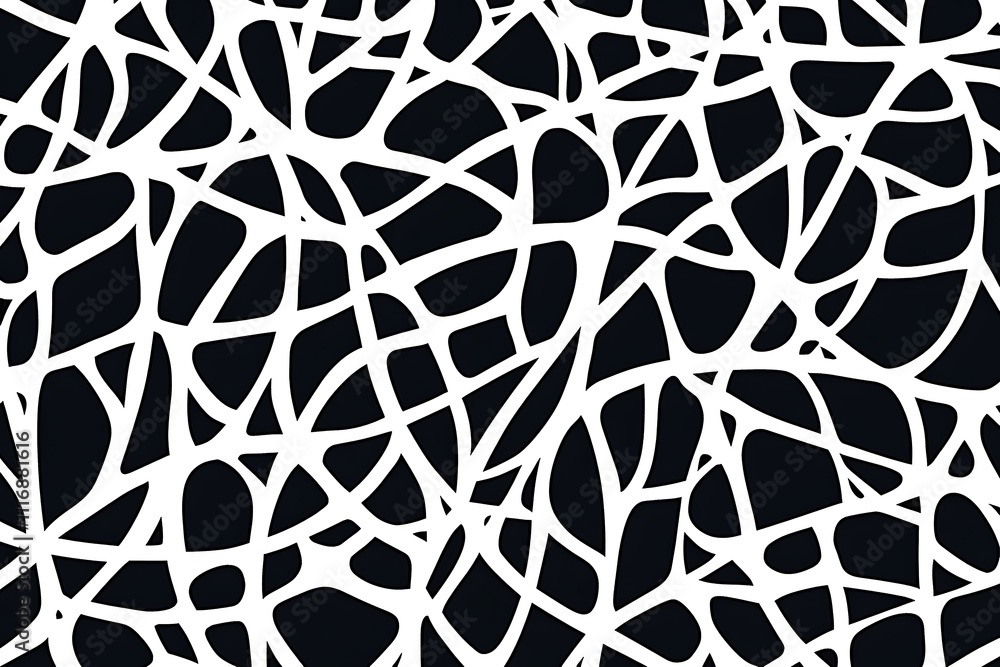 Poster abstract black and white pattern with organic shapes and interconnected lines.