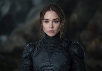 Futuristic warrior woman in black armor