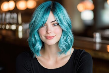 Obraz premium woman with vibrant teal blue hair smiling