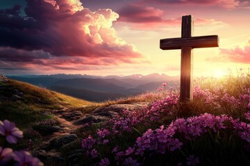 Cross on Hilltop at Sunset with Wildflowers and Dramatic Sky