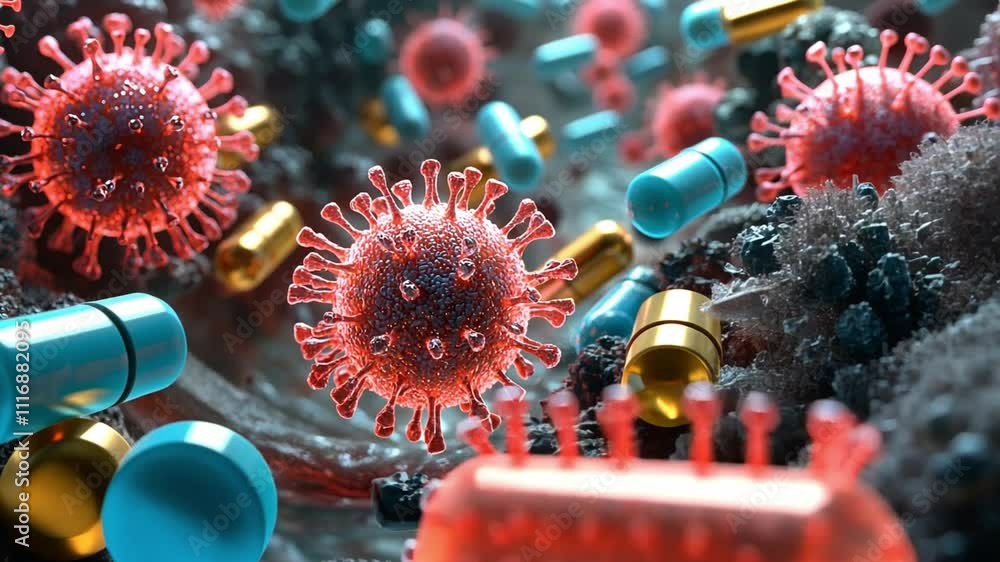 Poster visual representation of virus interaction with medication in high-resolution detail