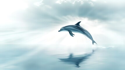 Dolphin leaping from ocean, sun rays breaking through clouds.