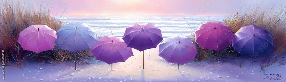 Poster a row of colorful umbrellas are set up on a beach