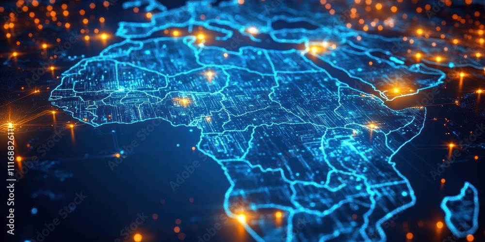 Poster futuristic digital map of africa with neon lights and high-tech circuit patterns for global connecti