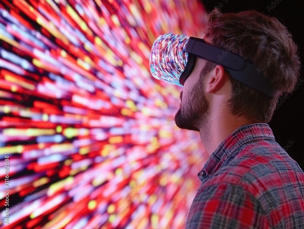 Poster engaged man using virtual reality headset surrounded by vibrant light patterns and colorful visual e