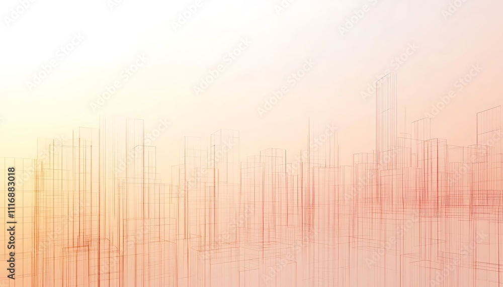Poster abstract skyline with soft colors and linear structures, suggesting a futuristic cityscape.