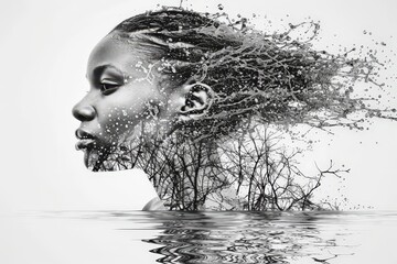 A woman's face is shown in a distorted way, with trees and water surrounding her