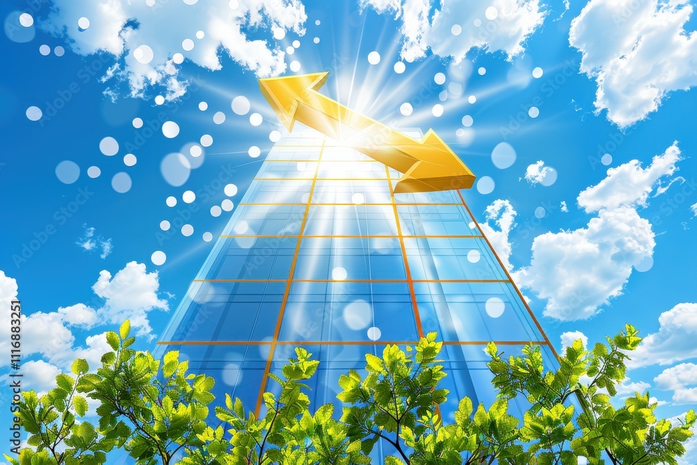 Poster a tall building with a green tree in front of it