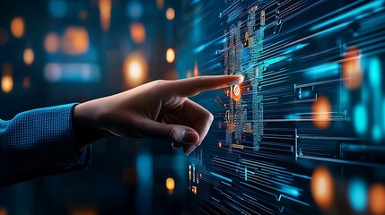 A hand interacts with a digital interface, showcasing advanced technology and data visualization in a futuristic setting.