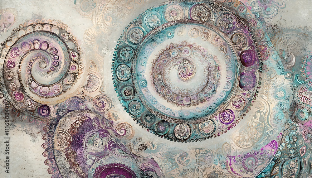 Poster abstract spirals with intricate patterns in soft colors, evoking a sense of calm and wonder.