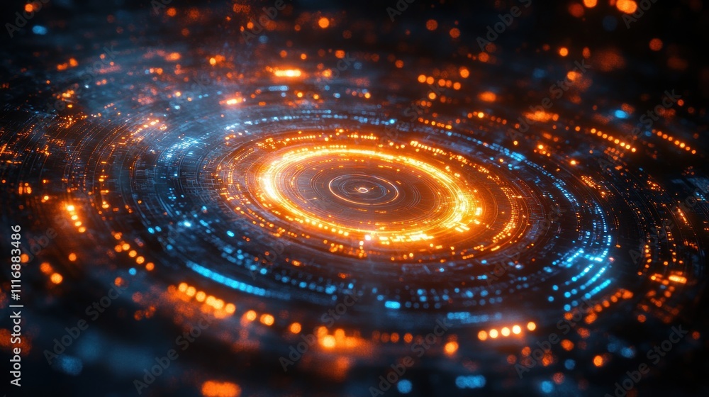 Poster futuristic abstract camera lens design with concentric circles and glowing lights