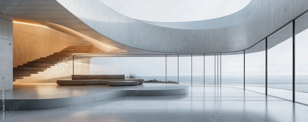 Poster minimalist concrete interior open space design with soft lighting and curved walls showcase environm