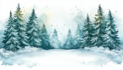 Winter Forest Watercolor Scene with Christmas Copy Space for Holiday Greetings