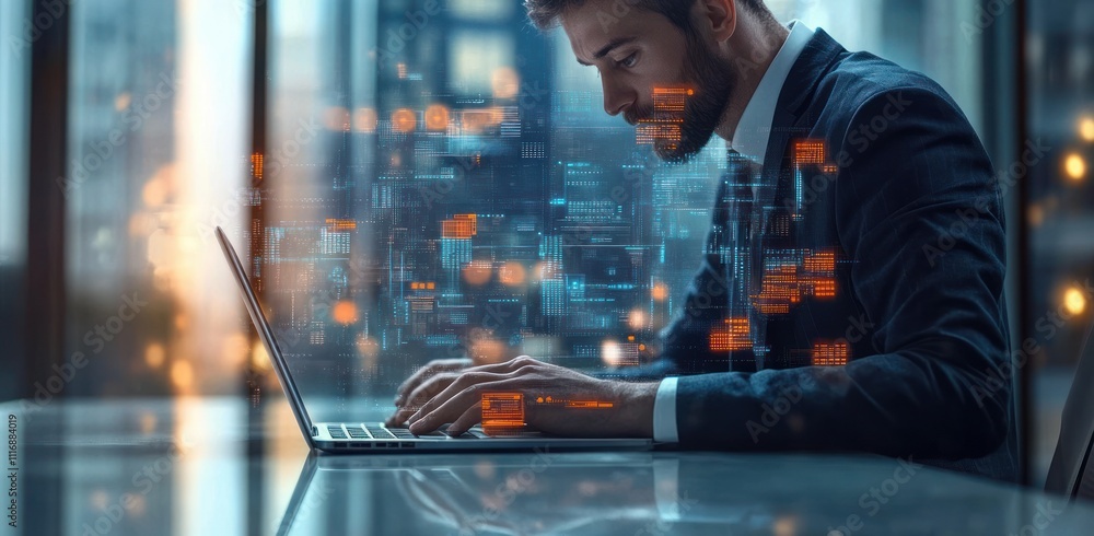 Poster document management system for enterprise content management with businessman using laptop in modern