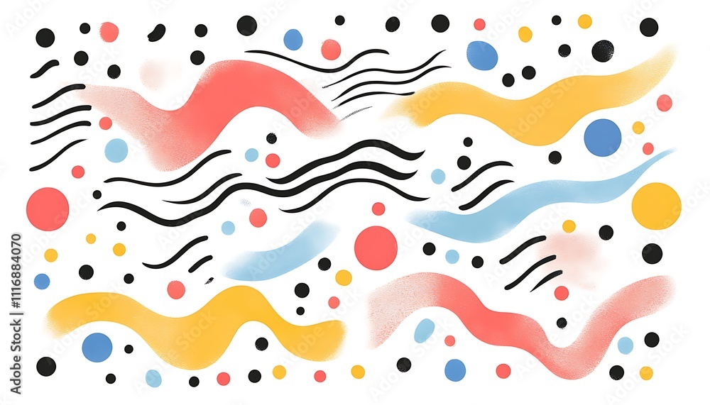 Poster abstract colorful pattern with wavy lines and dots, ideal for backgrounds or design elements.