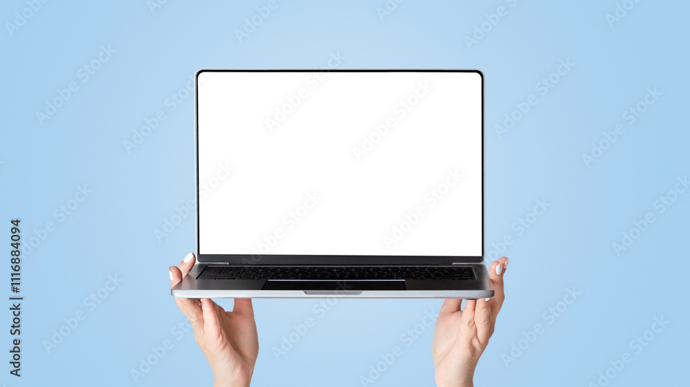 Poster female hands holding laptop computer with blank screen, isolated on white. space for website templat