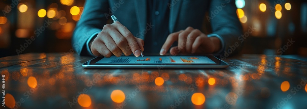 Poster businessman using tablet for data exchange digital visualization ai and business intelligence analys