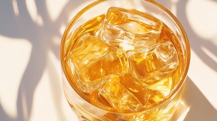 Golden whiskey in rocks glass with ice, sunlit.