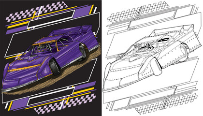 Outline purple and painted racing car. Isolated in white background, for t-shirt design, print, and for business purposes.