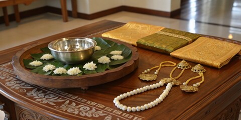 Decorative tray with flowers and traditional items arranged for a celebration in a cultural setting